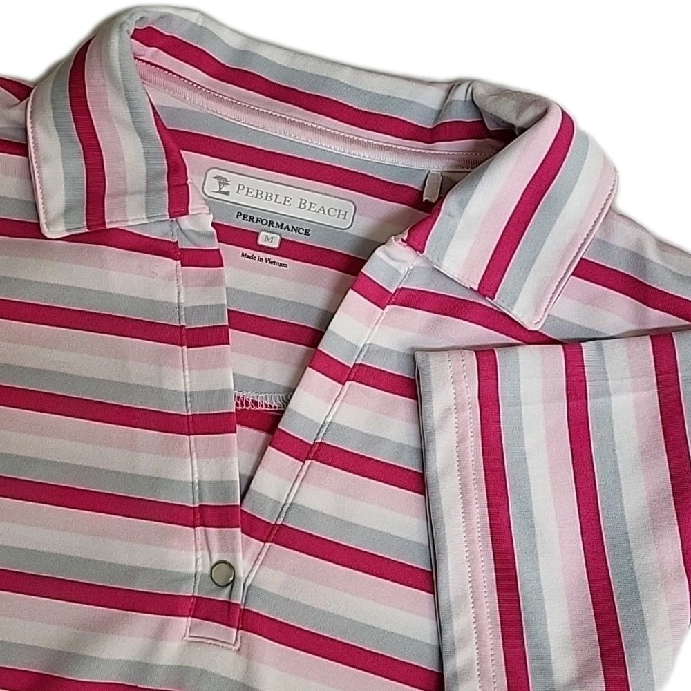 Pebble Beach PERFORMANCE Pink Striped Women's Medium Short Sleeve‎ Polo Shirt